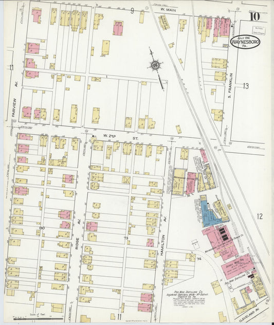 Sanborn Fire Insurance Map from Waynesboro, Franklin County, Pennsylvania (1916), Sheet #0010 - Historic Sanborn Fire Insurance Map Print, vintage old map wall art, antique decor, genealogy gift, Pennsylvania Pennsylvania map