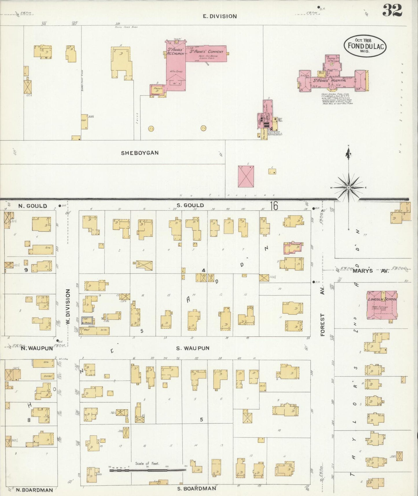 Sanborn Fire Insurance Map from Fond du Lac, Fond du Lac County, Wisconsin (1908), Sheet #0032 - Complete Map Set gallery image, historic Sanborn map, vintage wall art, Wisconsin Wisconsin