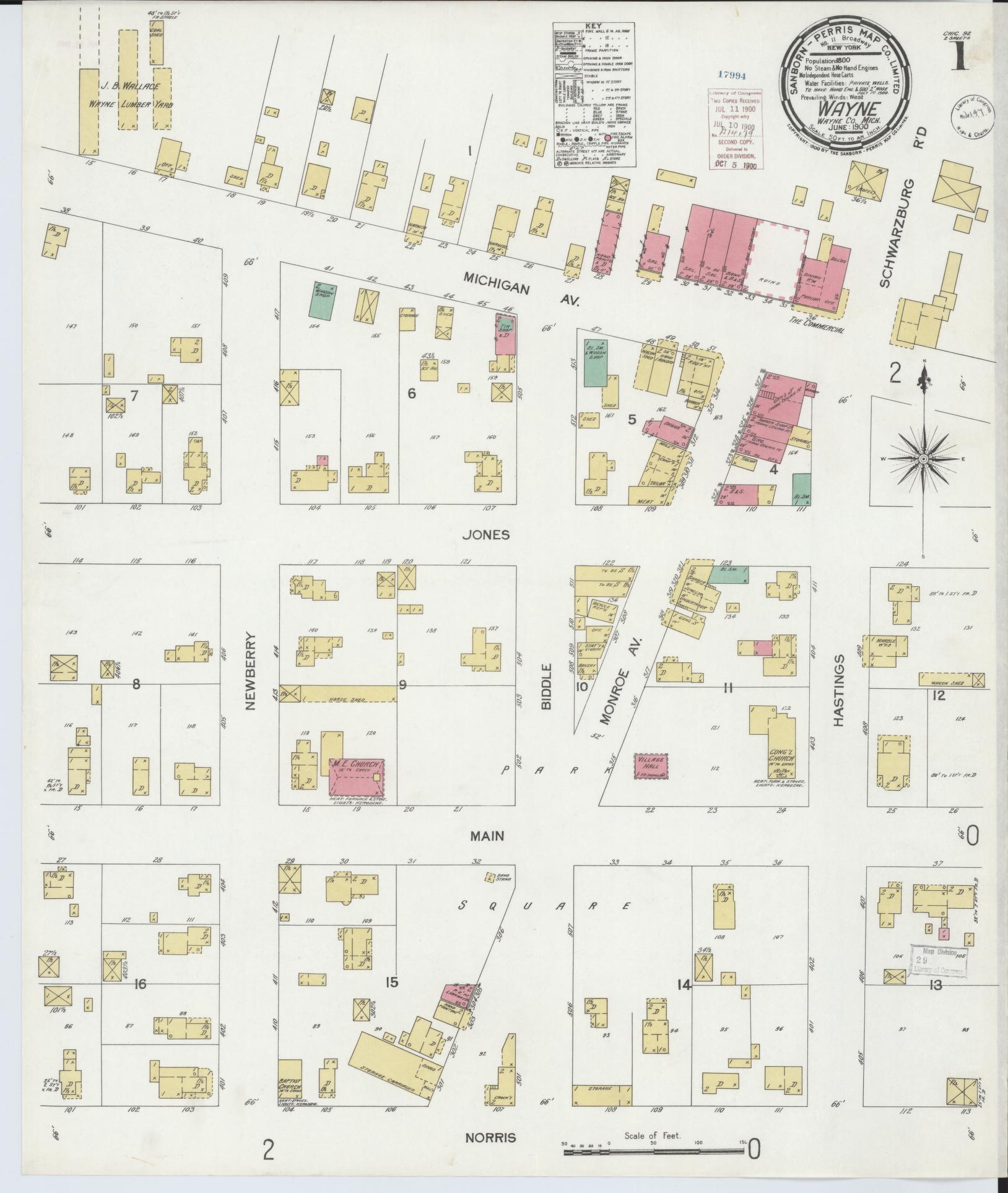 Sanborn Fire Insurance Map from Wayne, Wayne County, Michigan (1900), Sheet #0001 - Complete Map Set gallery image, historic Sanborn map, vintage wall art, Michigan Michigan