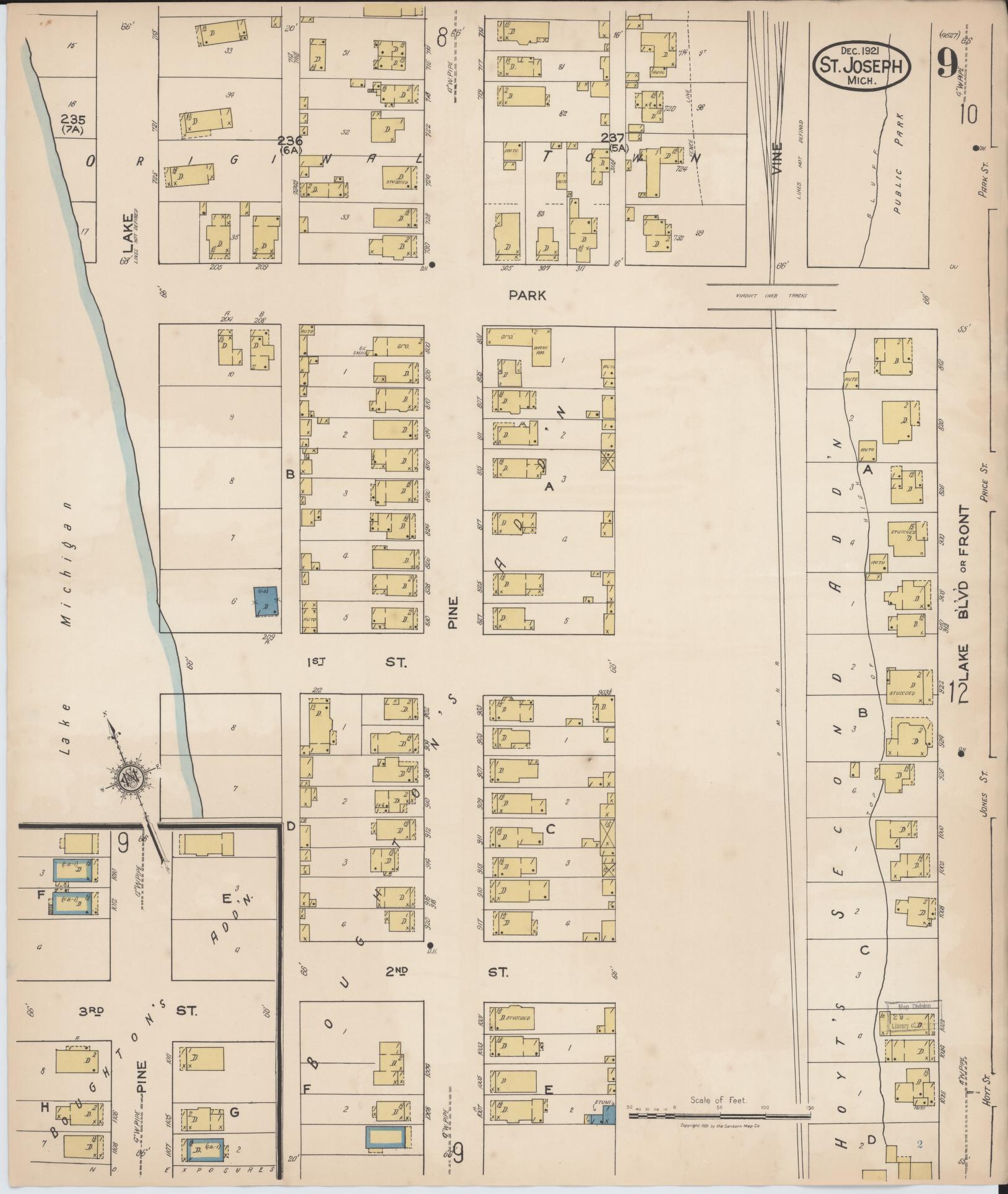 Sanborn Fire Insurance Map from Saint Joseph, Berrien County, Michigan (1921), Sheet #0009 - Complete Map Set gallery image, historic Sanborn map, vintage wall art, Michigan Michigan