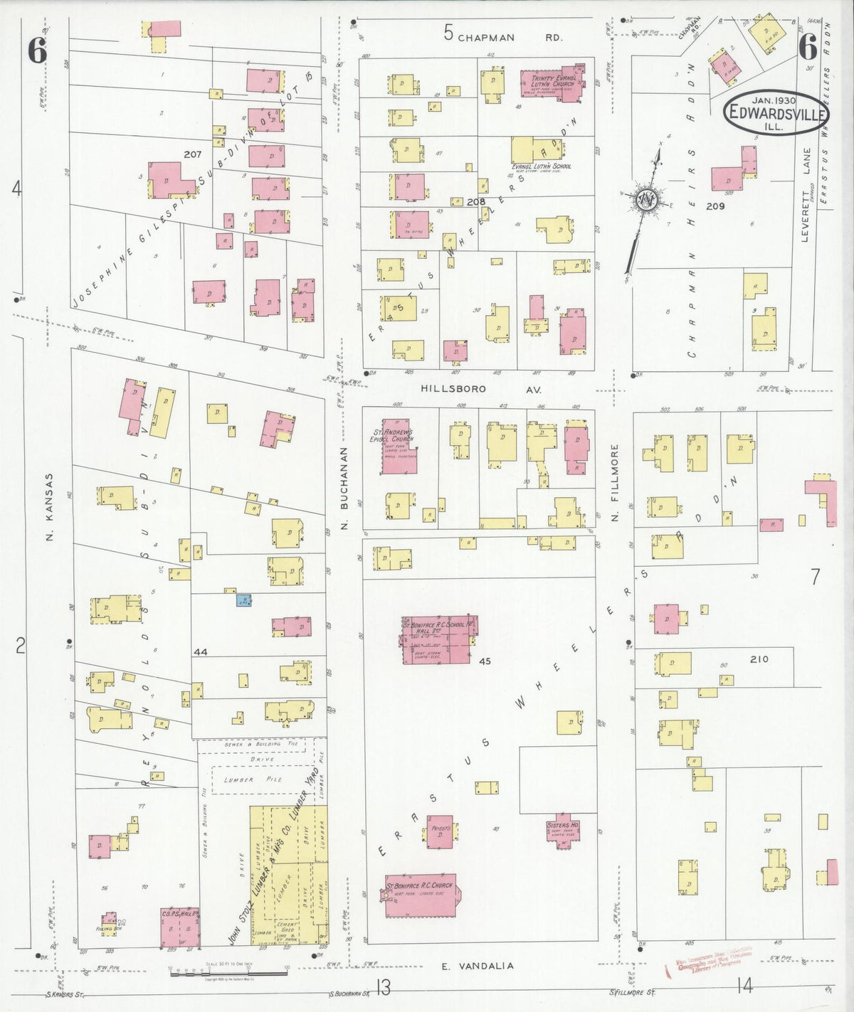 Sanborn Fire Insurance Map from Edwardsville, Madison County, Illinois (1930), Sheet #0006 - Historic Sanborn Fire Insurance Map Print, vintage old map wall art, antique decor, genealogy gift, Illinois Illinois map