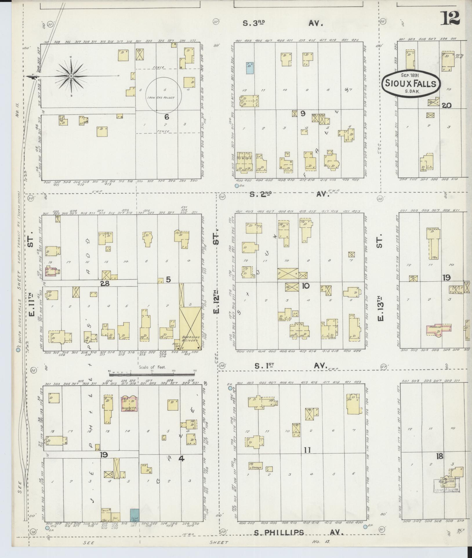 Sanborn Fire Insurance Map from Sioux Falls, Minnehaha County, South Dakota (1891), Sheet #0012 - Historic Sanborn Fire Insurance Map Print, vintage old map wall art, antique decor, genealogy gift, South Dakota South Dakota map