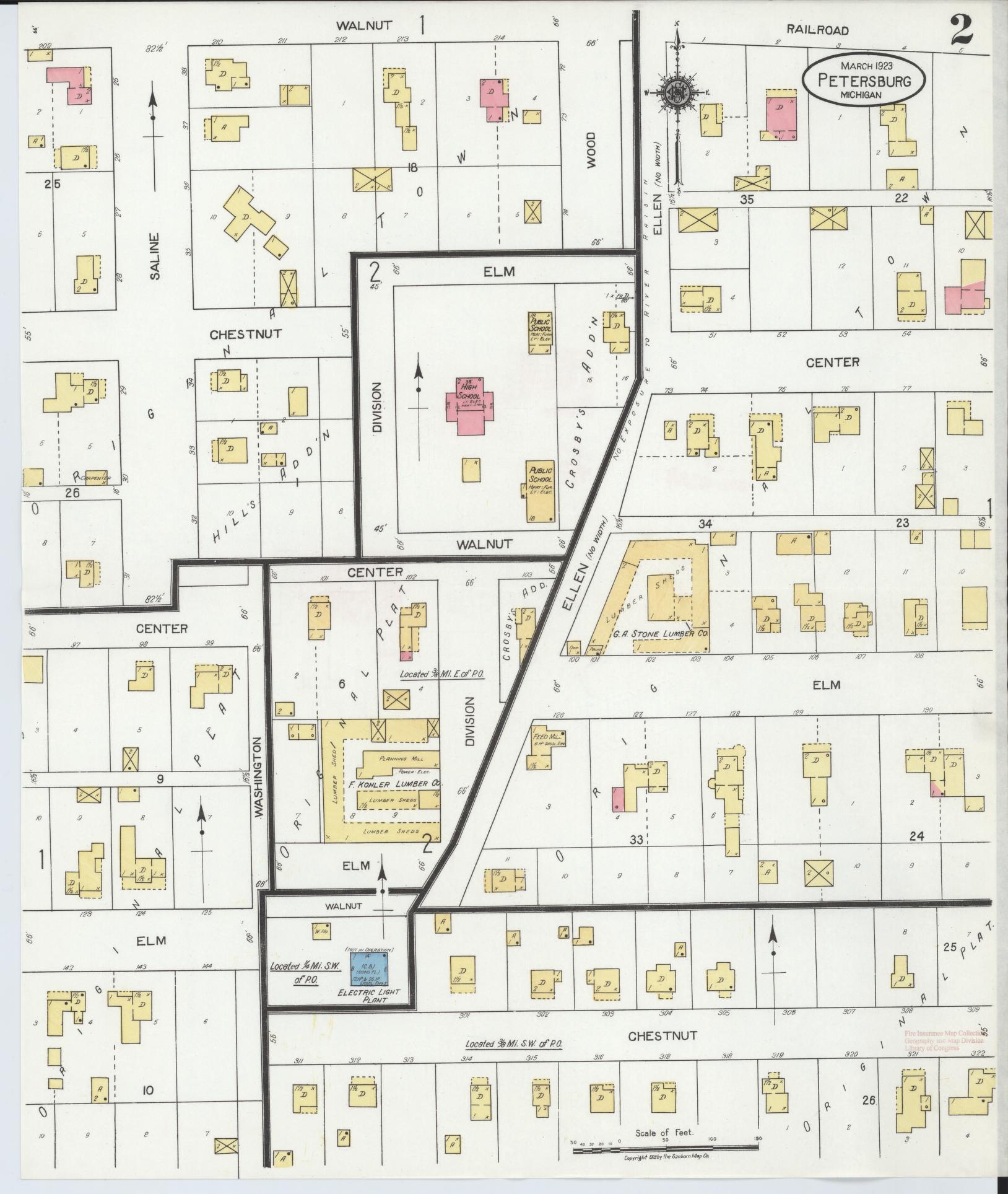Sanborn Fire Insurance Map from Petersburg, Monroe County, Michigan (1923), Sheet #0002 - Complete Map Set gallery image, historic Sanborn map, vintage wall art, Michigan Michigan