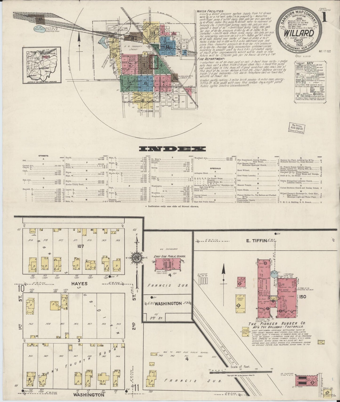 Sanborn Fire Insurance Map from Willard, Huron County, Ohio (1922), Sheet #0001 - Historic Sanborn Fire Insurance Map Print, vintage old map wall art, antique decor, genealogy gift, Ohio Ohio map