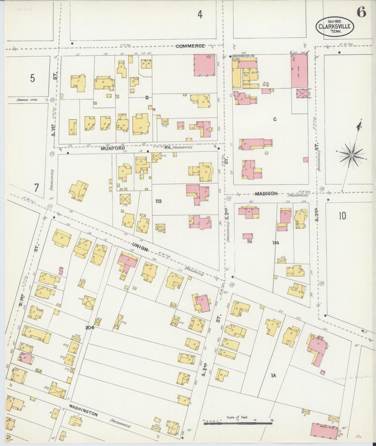 Sanborn Fire Insurance Map from Clarksville, Montgomery County, Tennessee (1903), Sheet #0006 - Historic Sanborn Fire Insurance Map Print, vintage old map wall art, antique decor, genealogy gift, Tennessee Tennessee map