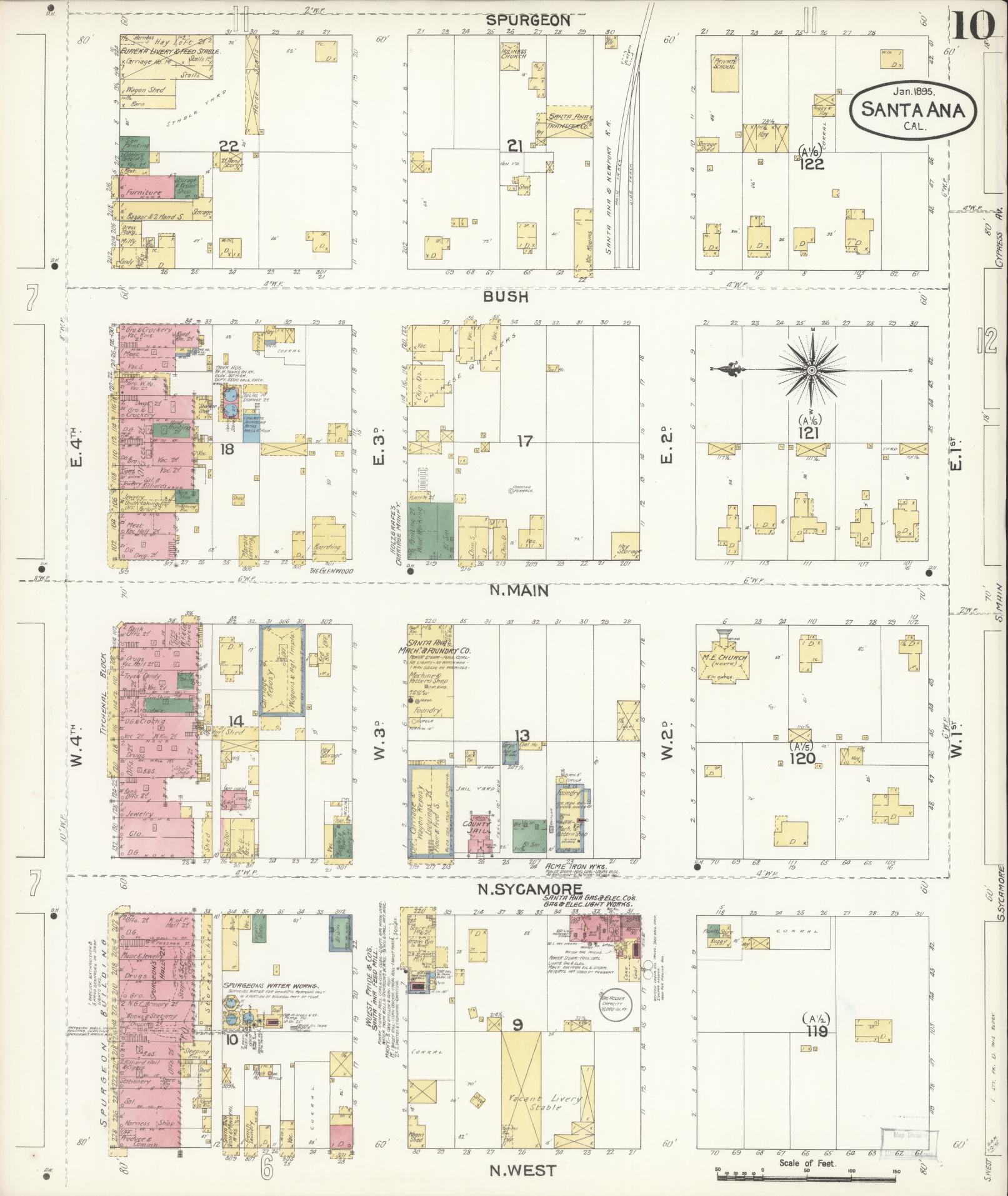 Sanborn Fire Insurance Map from Santa Ana, Orange County, California (1895), Sheet #0010 - Complete Map Set gallery image, historic Sanborn map, vintage wall art, California California