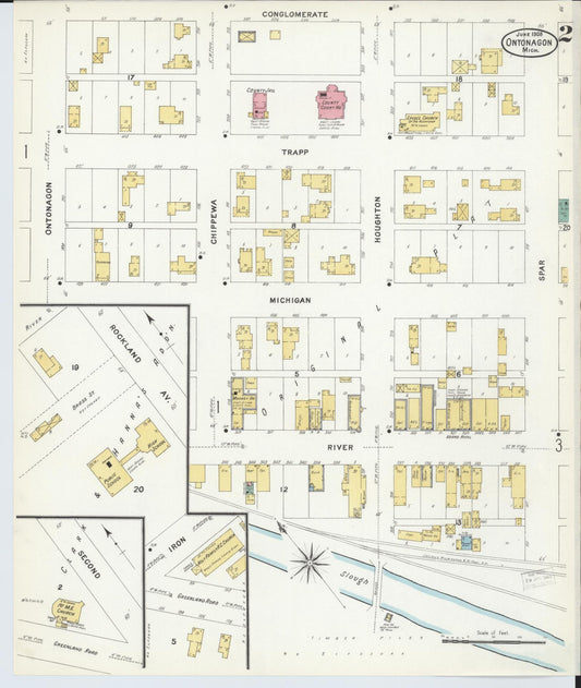 Sanborn Fire Insurance Map from Ontonagon, Ontonagon County, Michigan (1908), Sheet #0002 - Historic Sanborn Fire Insurance Map Print, vintage old map wall art, antique decor, genealogy gift, Michigan Michigan map