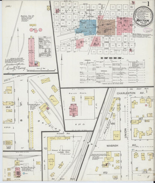 Sanborn Fire Insurance Map from Mattoon, Coles County, Illinois (1887), Sheet #0001 - Complete Map Set gallery image, historic Sanborn map, vintage wall art, Illinois Illinois