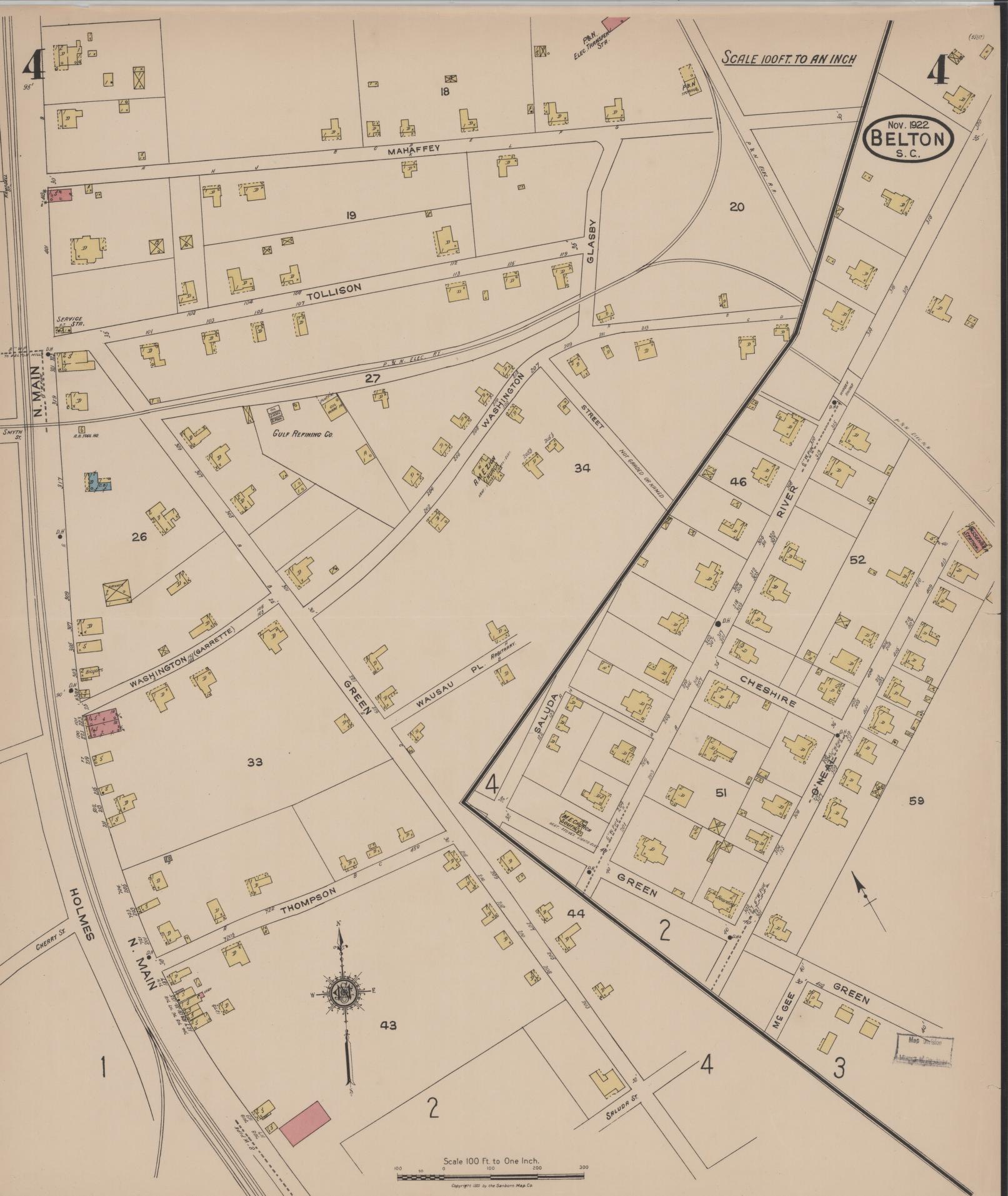 Sanborn Fire Insurance Map from Belton, Anderson County, South Carolina (1922), Sheet #0004 - Complete Map Set gallery image, historic Sanborn map, vintage wall art, South Carolina South Carolina