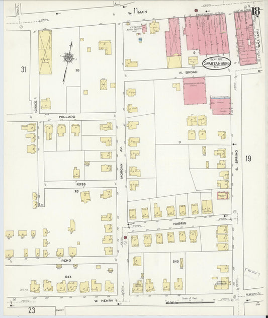 Sanborn Fire Insurance Map from Spartanburg, Spartanburg County, South Carolina (1912), Sheet #0018 - Historic Sanborn Fire Insurance Map Print, vintage old map wall art, antique decor, genealogy gift, South Carolina South Carolina map