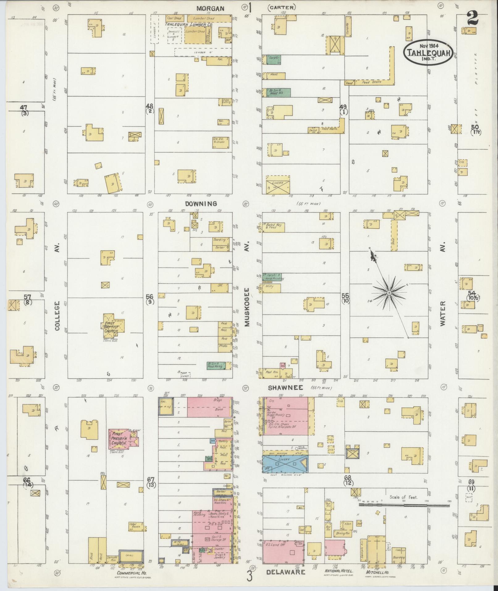 Sanborn Fire Insurance Map from Tahlequah, Cherokee County, Oklahoma (1904), Sheet #0002 - Historic Sanborn Fire Insurance Map Print, vintage old map wall art, antique decor, genealogy gift, Oklahoma Oklahoma map