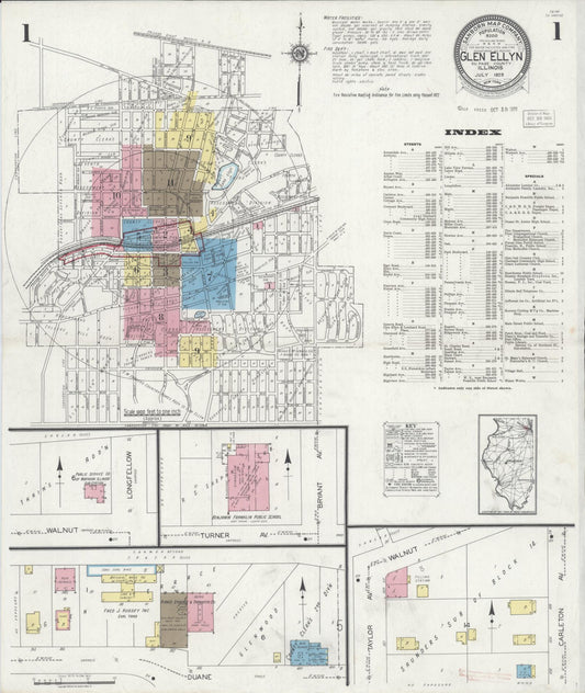 Sanborn Fire Insurance Map from Glen Ellyn, Du Page County, Illinois (1929), Sheet #0001 - Complete Map Set gallery image, historic Sanborn map, vintage wall art, Illinois Illinois
