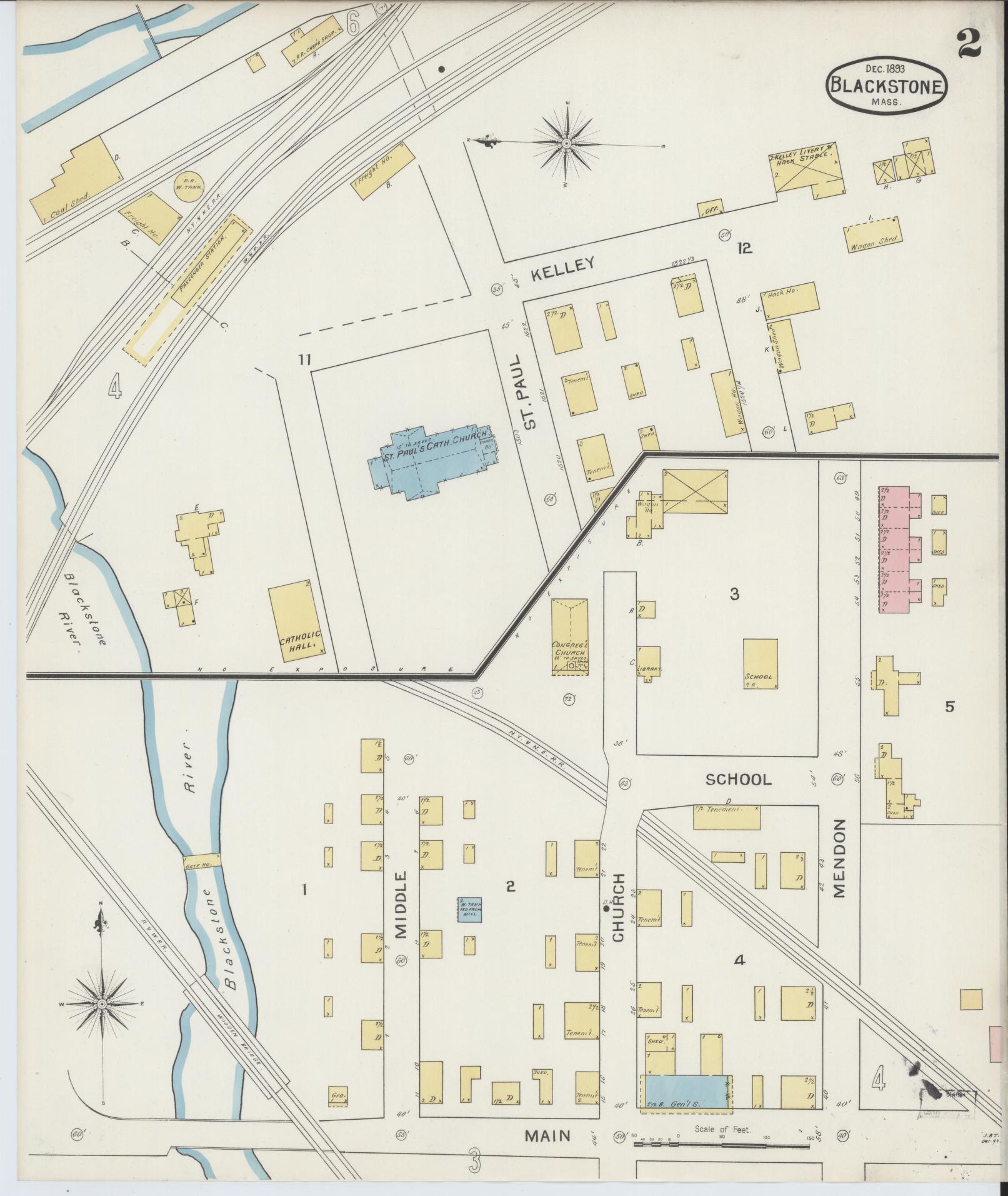 Sanborn Fire Insurance Map from Blackstone, Worcester County, Massachusetts (1893), Sheet #0002 - Complete Map Set gallery image, historic Sanborn map, vintage wall art, Massachusetts Massachusetts