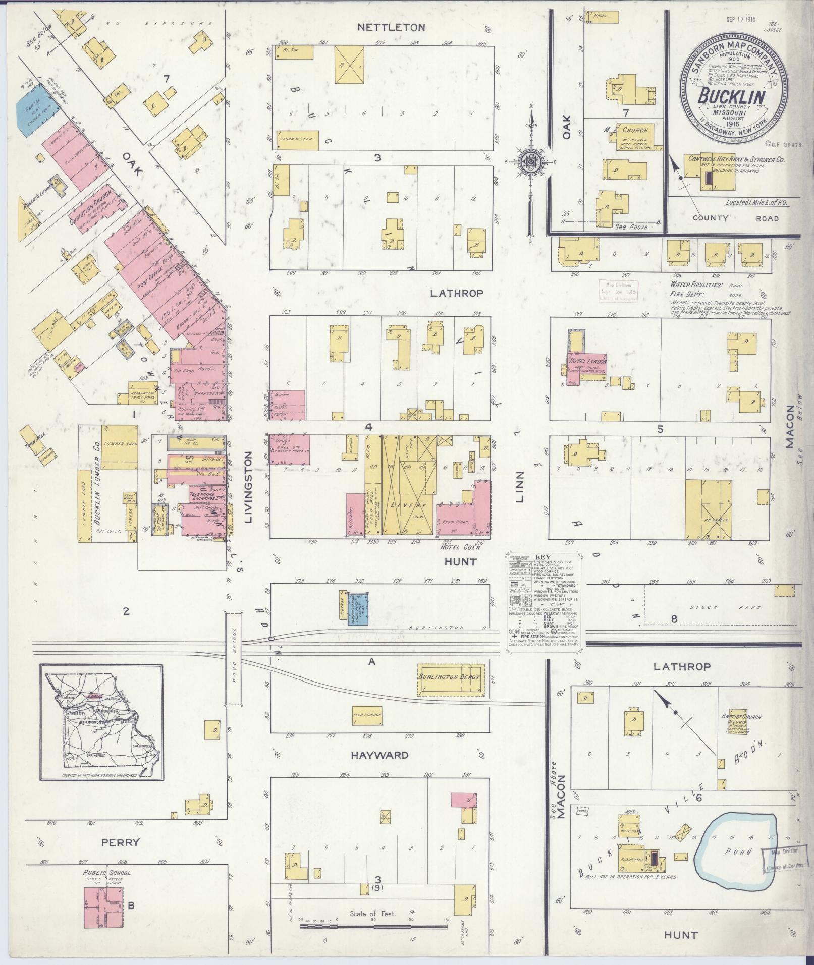 Sanborn Fire Insurance Map from Bucklin, Linn County, Missouri (1915), Sheet #0001 - Historic Sanborn Fire Insurance Map Print, vintage old map wall art, antique decor, genealogy gift, Missouri Missouri map