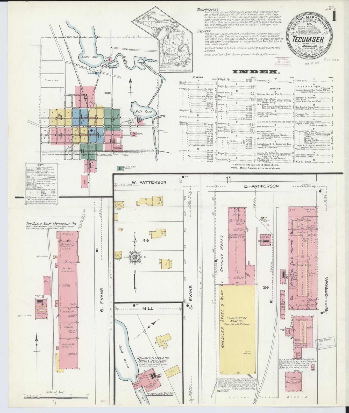 Sanborn Fire Insurance Map from Tecumseh, Lenawee County, Michigan (1912), Sheet #0001 - Complete Map Set gallery image, historic Sanborn map, vintage wall art, Michigan Michigan