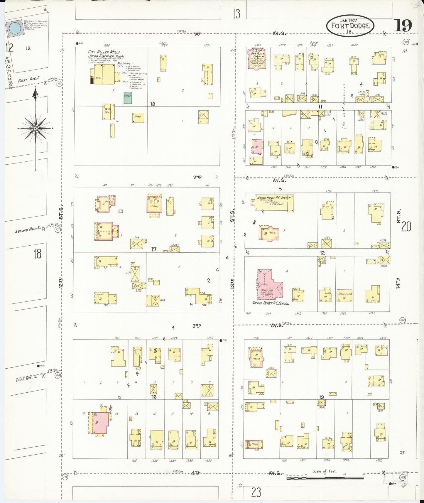 Sanborn Fire Insurance Map from Fort Dodge, Webster County, Iowa (1907), Sheet #0019 - Historic Sanborn Fire Insurance Map Print, vintage old map wall art