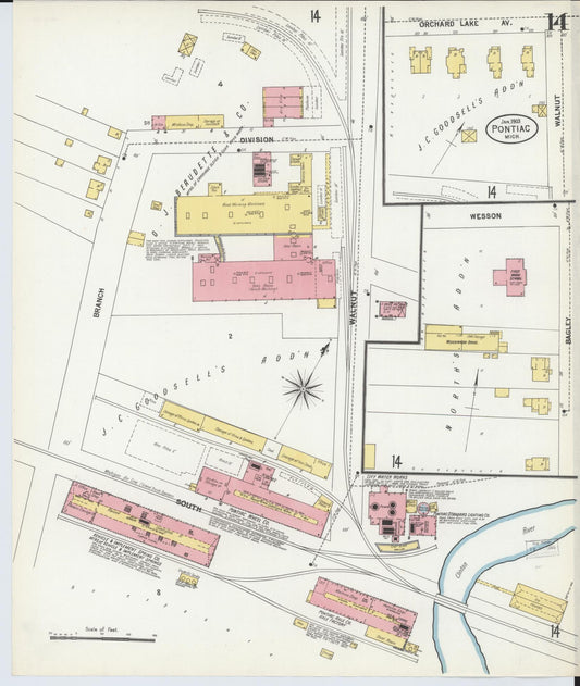 Sanborn Fire Insurance Map from Pontiac, Oakland County, Michigan (1903), Sheet #0014 - Historic Sanborn Fire Insurance Map Print, vintage old map wall art, antique decor, genealogy gift, Michigan Michigan map
