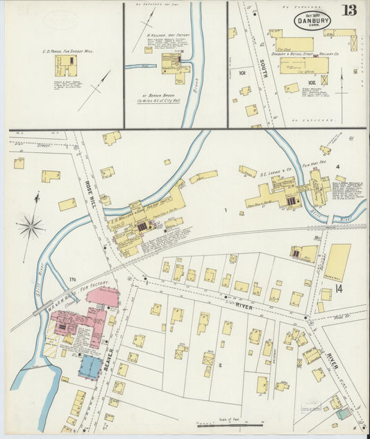 Sanborn Fire Insurance Map from Danbury, Fairfield County, Connecticut (1897), Sheet #0013 - Historic Sanborn Fire Insurance Map Print, vintage old map wall art, antique decor, genealogy gift, Connecticut Connecticut map