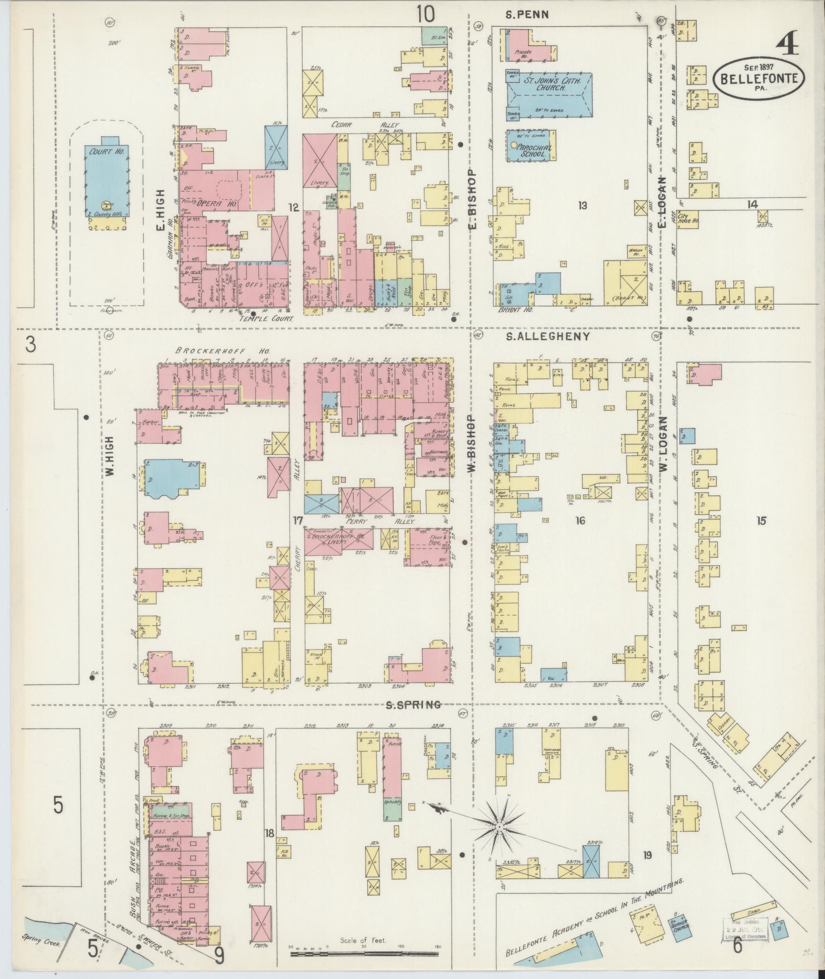 Sanborn Fire Insurance Map from Bellefonte, Centre County, Pennsylvania (1897), Sheet #0004 - Historic Sanborn Fire Insurance Map Print, vintage old map wall art, antique decor, genealogy gift, Pennsylvania Pennsylvania map