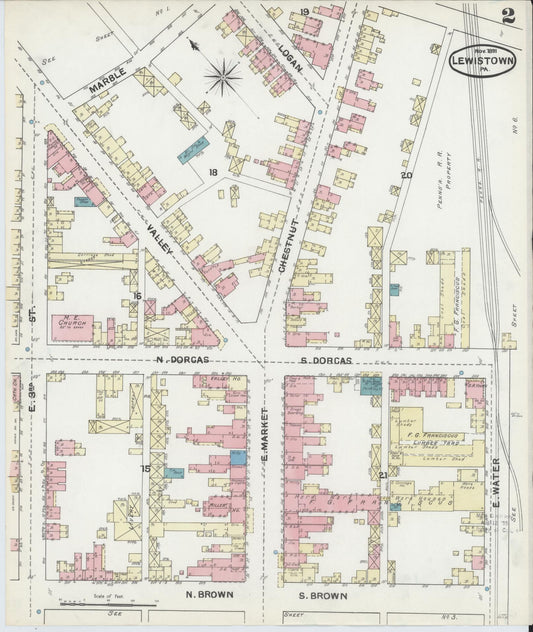 Sanborn Fire Insurance Map from Lewistown, Mifflin County, Pennsylvania (1891), Sheet #0002 - Historic Sanborn Fire Insurance Map Print, vintage old map wall art, antique decor, genealogy gift, Pennsylvania Pennsylvania map