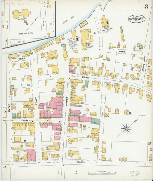 Sanborn Fire Insurance Map from Pocomoke City, Worcester County, Maryland (1900), Sheet #0003 - Historic Sanborn Fire Insurance Map Print, vintage old map wall art
