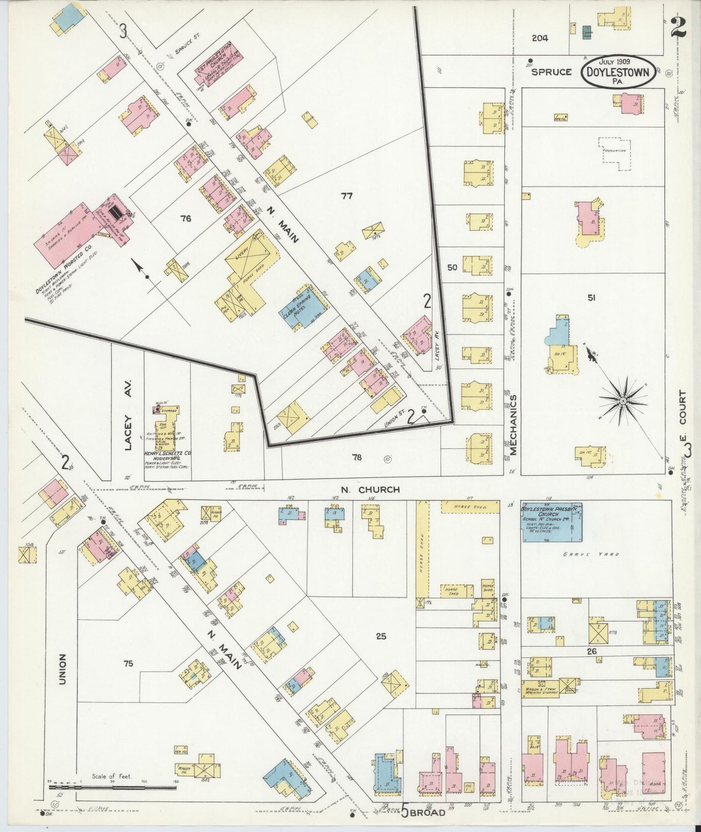 Sanborn Fire Insurance Map from Doylestown, Bucks County, Pennsylvania (1909), Sheet #0002 - Historic Sanborn Fire Insurance Map Print, vintage old map wall art, antique decor, genealogy gift, Pennsylvania Pennsylvania map