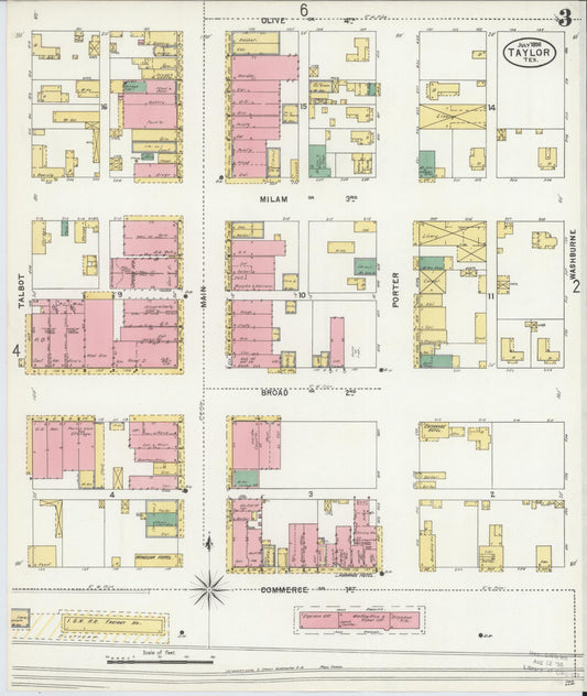 Sanborn Fire Insurance Map from Taylor, Williamson County, Texas (1898), Sheet #0003 - Historic Sanborn Fire Insurance Map Print, vintage old map wall art, antique decor, genealogy gift, Texas Texas map