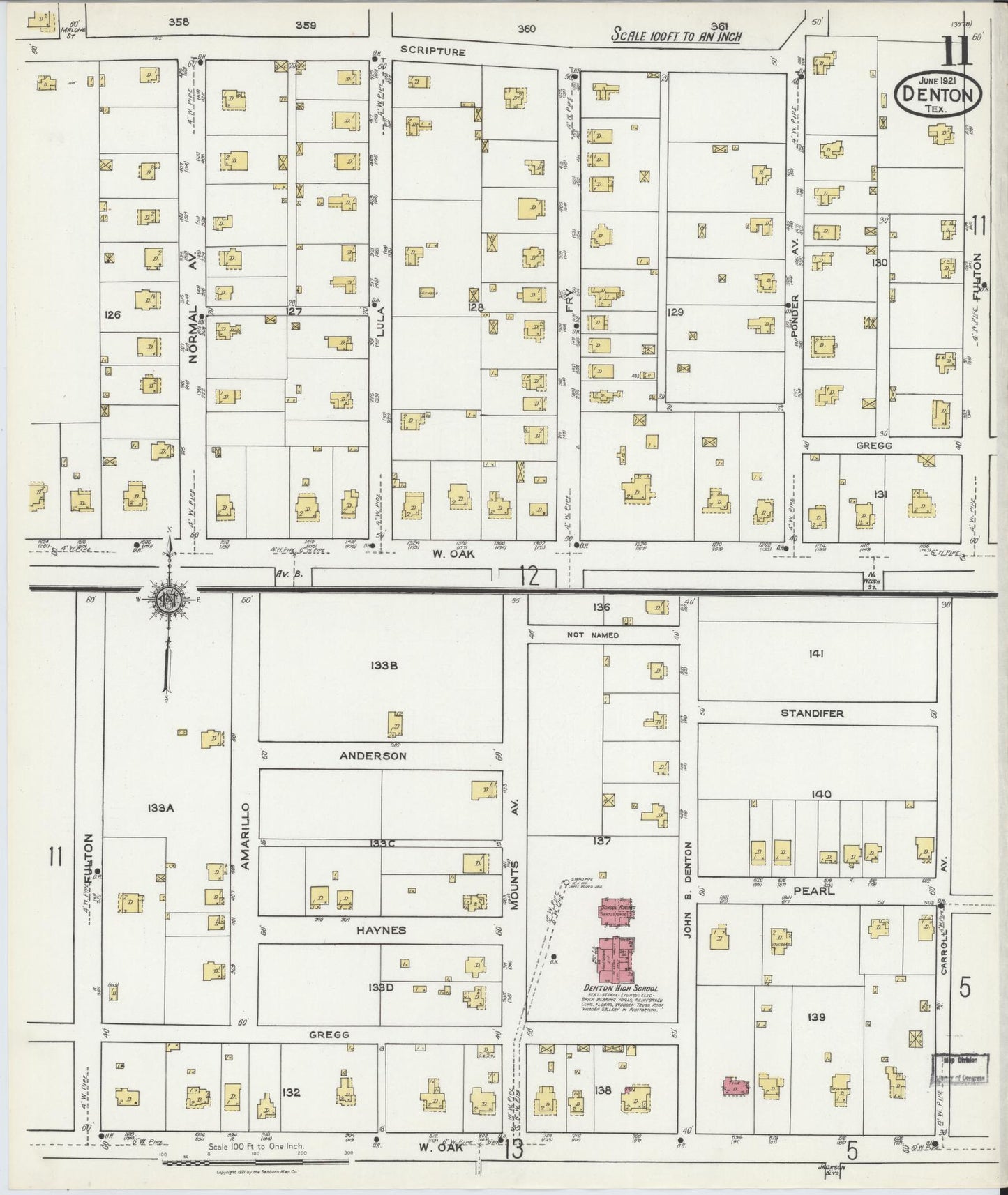 Sanborn Fire Insurance Map from Denton, Denton County, Texas (1921), Sheet #0011 - Complete Map Set gallery image, historic Sanborn map, vintage wall art, Texas Texas