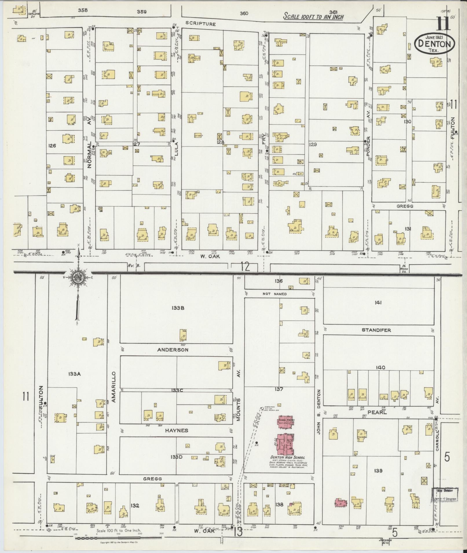 Sanborn Fire Insurance Map from Denton, Denton County, Texas (1921), Sheet #0011 - Complete Map Set gallery image, historic Sanborn map, vintage wall art, Texas Texas