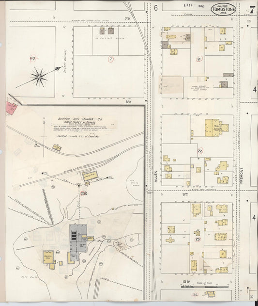 Sanborn Fire Insurance Map from Tombstone, Cochise County, Arizona (1931), Sheet #0007 - Historic Sanborn Fire Insurance Map Print, vintage old map wall art, antique decor, genealogy gift, Arizona Arizona map