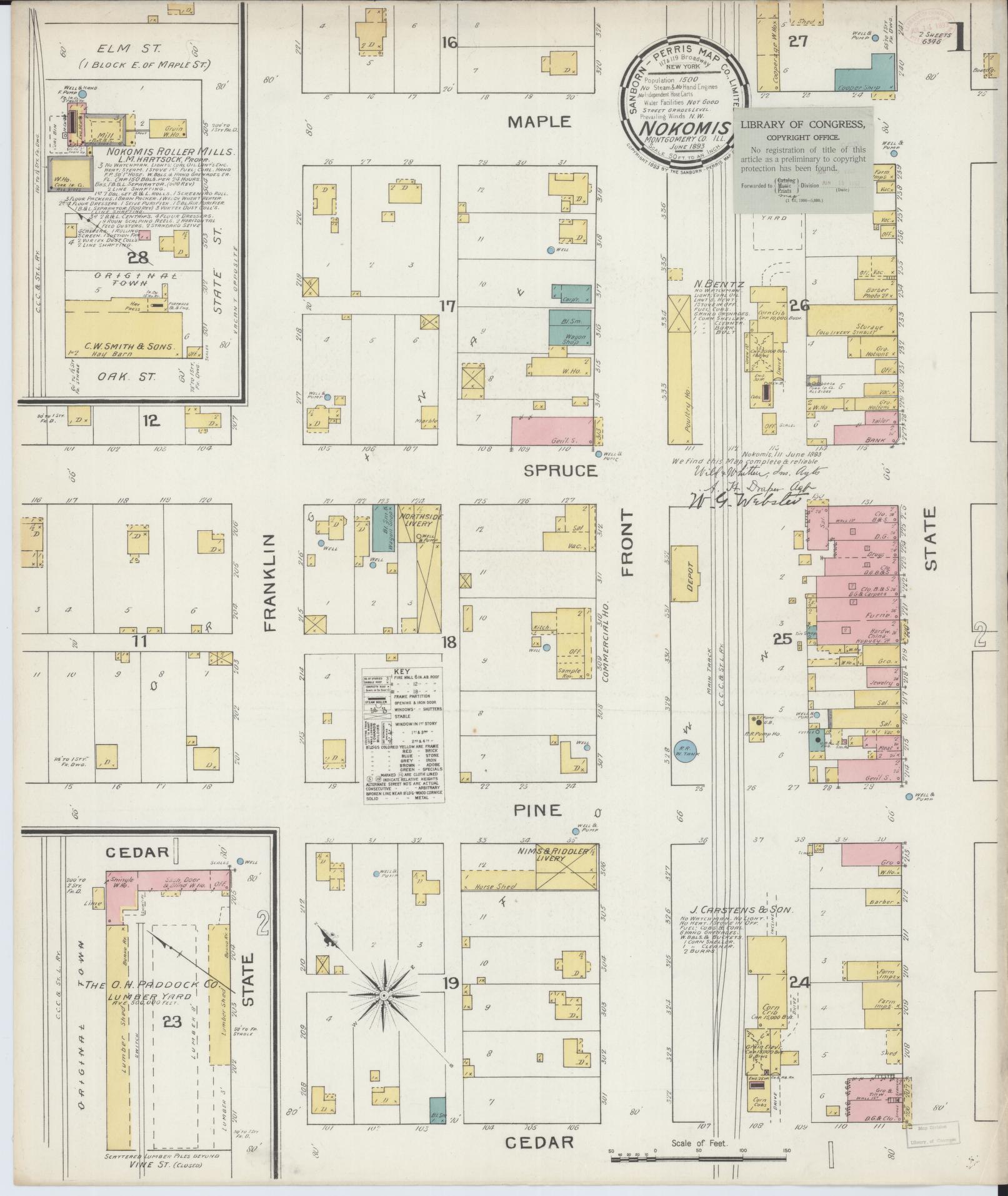 Sanborn Fire Insurance Map from Nokomis, Montgomery County, Illinois (1893), Sheet #0001 - Complete Map Set gallery image, historic Sanborn map, vintage wall art, Illinois Illinois