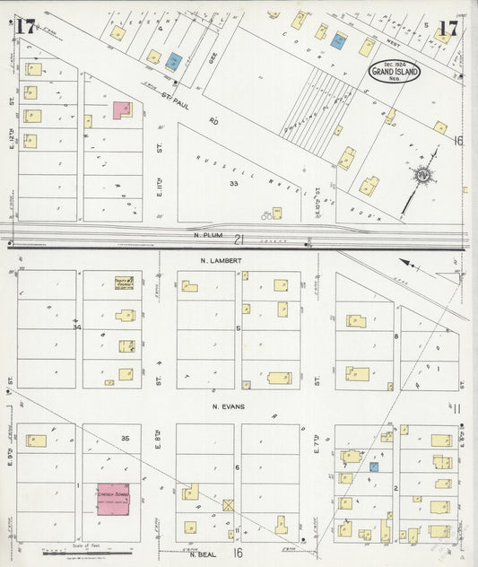 Sanborn Fire Insurance Map from Grand Island, Hall County, Nebraska (1924), Sheet #0017 - Historic Sanborn Fire Insurance Map Print, vintage old map wall art, antique decor, genealogy gift, Nebraska Nebraska map