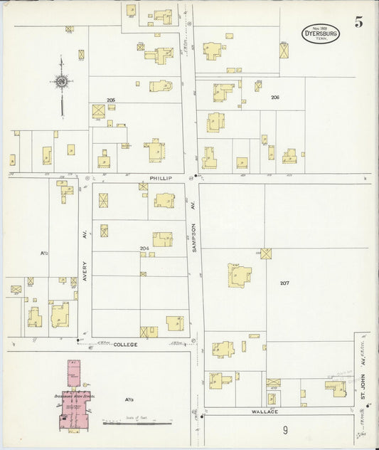 Sanborn Fire Insurance Map from Dyersburg, Dyer County, Tennessee (1909), Sheet #0005 - Historic Sanborn Fire Insurance Map Print, vintage old map wall art, antique decor, genealogy gift, Tennessee Tennessee map