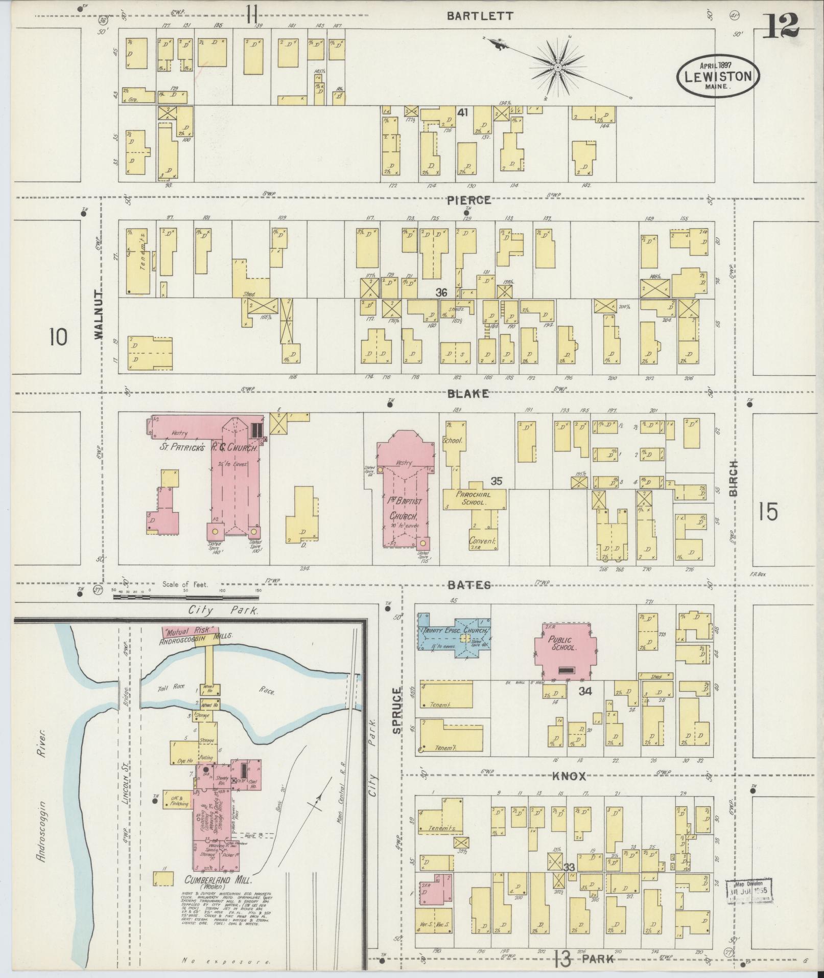 Sanborn Fire Insurance Map from Lewiston, Androscoggin County, Maine (1897), Sheet #0012 - Historic Sanborn Fire Insurance Map Print, vintage old map wall art, antique decor, genealogy gift, Maine Maine map