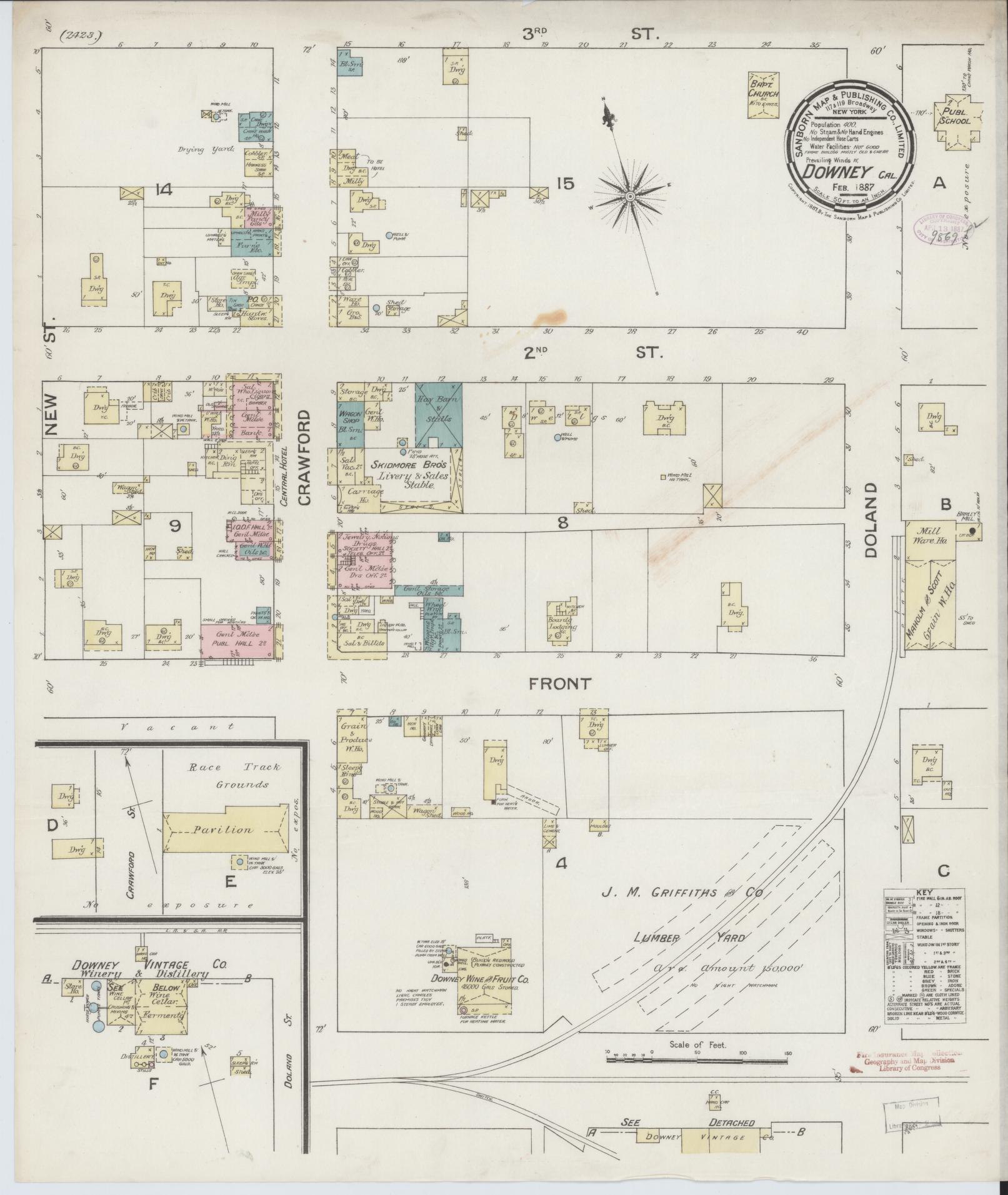 Sanborn Fire Insurance Map from Downey, Los Angeles County, California (1887), Sheet #0001 - Historic Sanborn Fire Insurance Map Print, vintage old map wall art, antique decor, genealogy gift, California California map