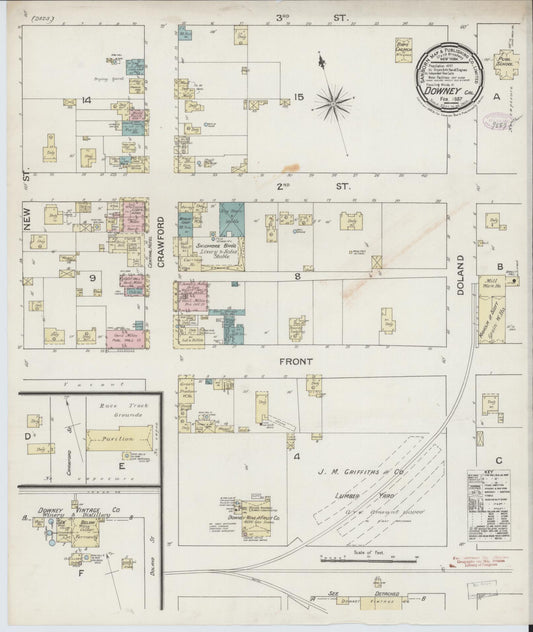 Sanborn Fire Insurance Map from Downey, Los Angeles County, California (1887), Sheet #0001 - Historic Sanborn Fire Insurance Map Print, vintage old map wall art, antique decor, genealogy gift, California California map