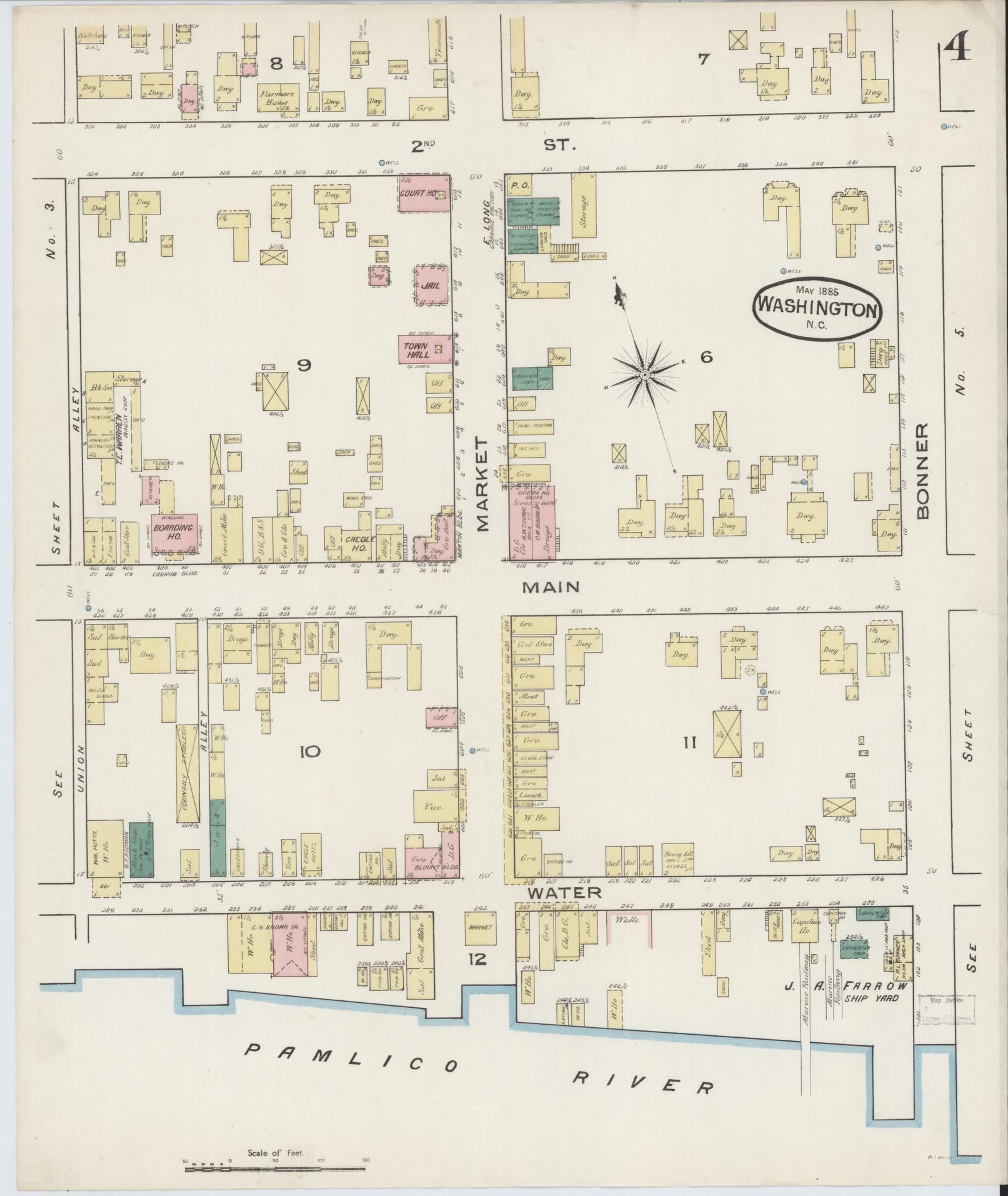 Sanborn Fire Insurance Map from Washington, Beaufort County, North Carolina (1885), Sheet #0004 - Historic Sanborn Fire Insurance Map Print, vintage old map wall art, antique decor, genealogy gift, North Carolina North Carolina map