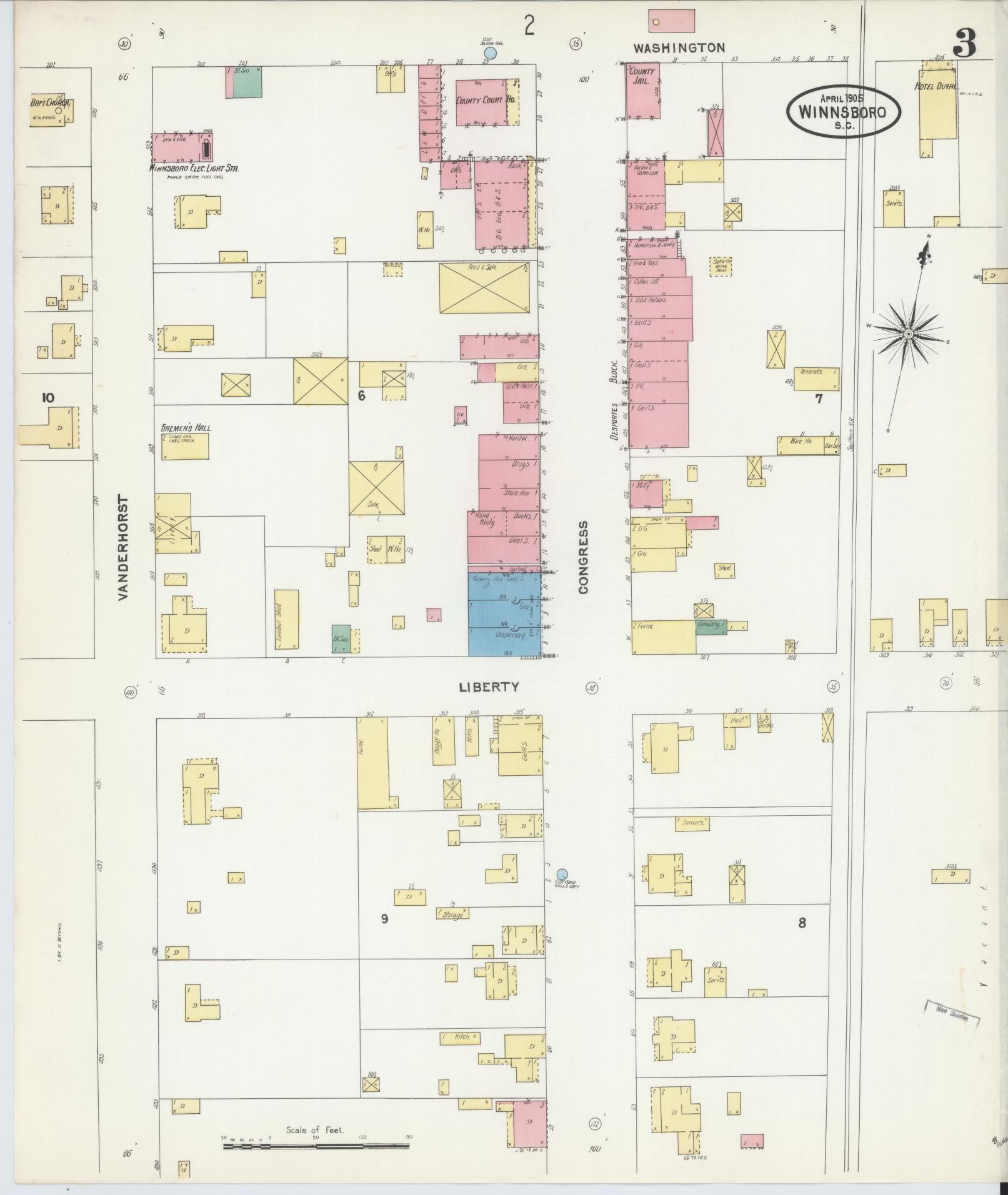 Sanborn Fire Insurance Map from Winnsboro, Fairfield County, South Carolina (1905), Sheet #0003 - Historic Sanborn Fire Insurance Map Print, vintage old map wall art, antique decor, genealogy gift, South Carolina South Carolina map