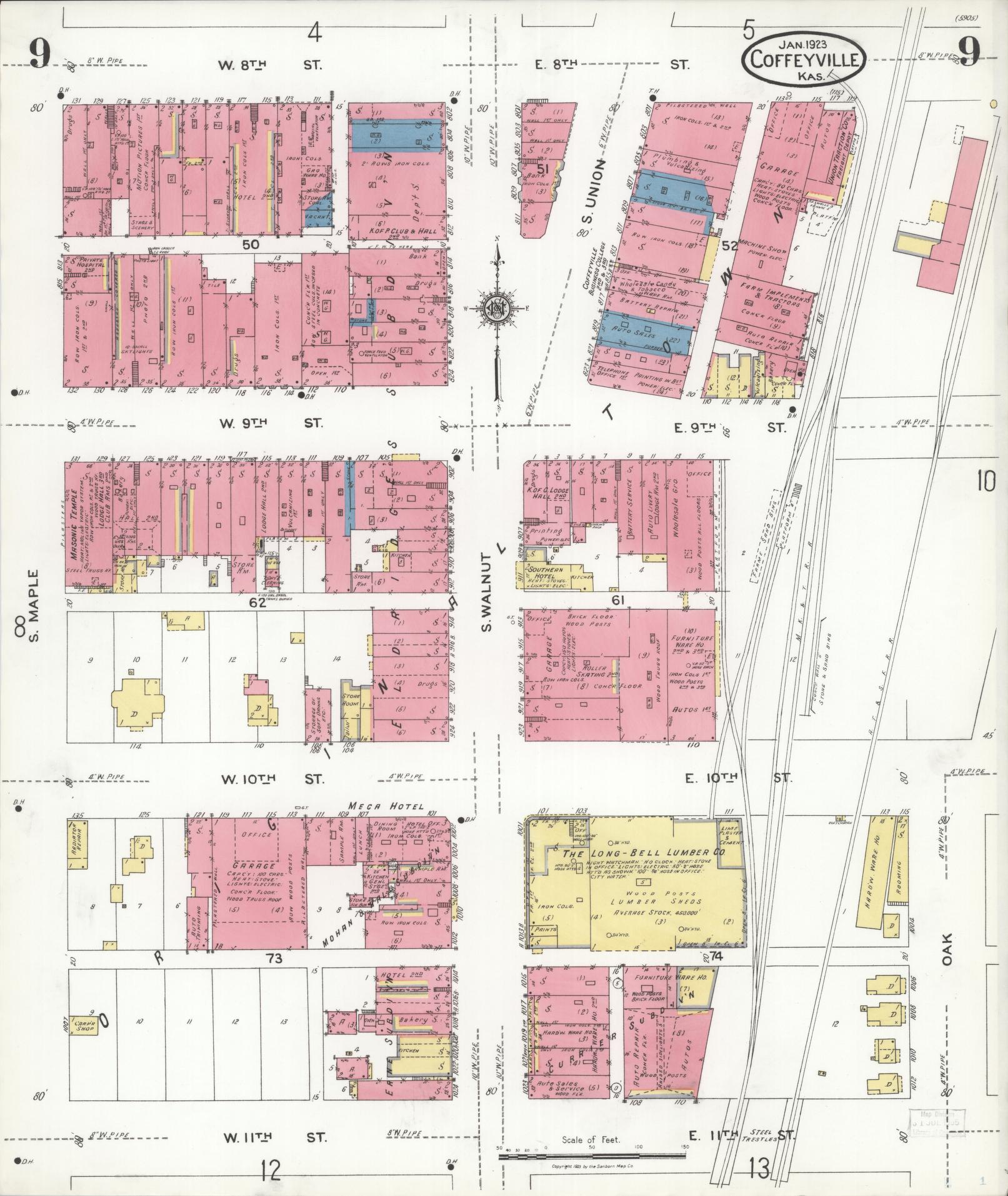 Sanborn Fire Insurance Map from Coffeyville, Montgomery County, Kansas (1923), Sheet #0009 - Complete Map Set gallery image, historic Sanborn map, vintage wall art, Kansas Kansas