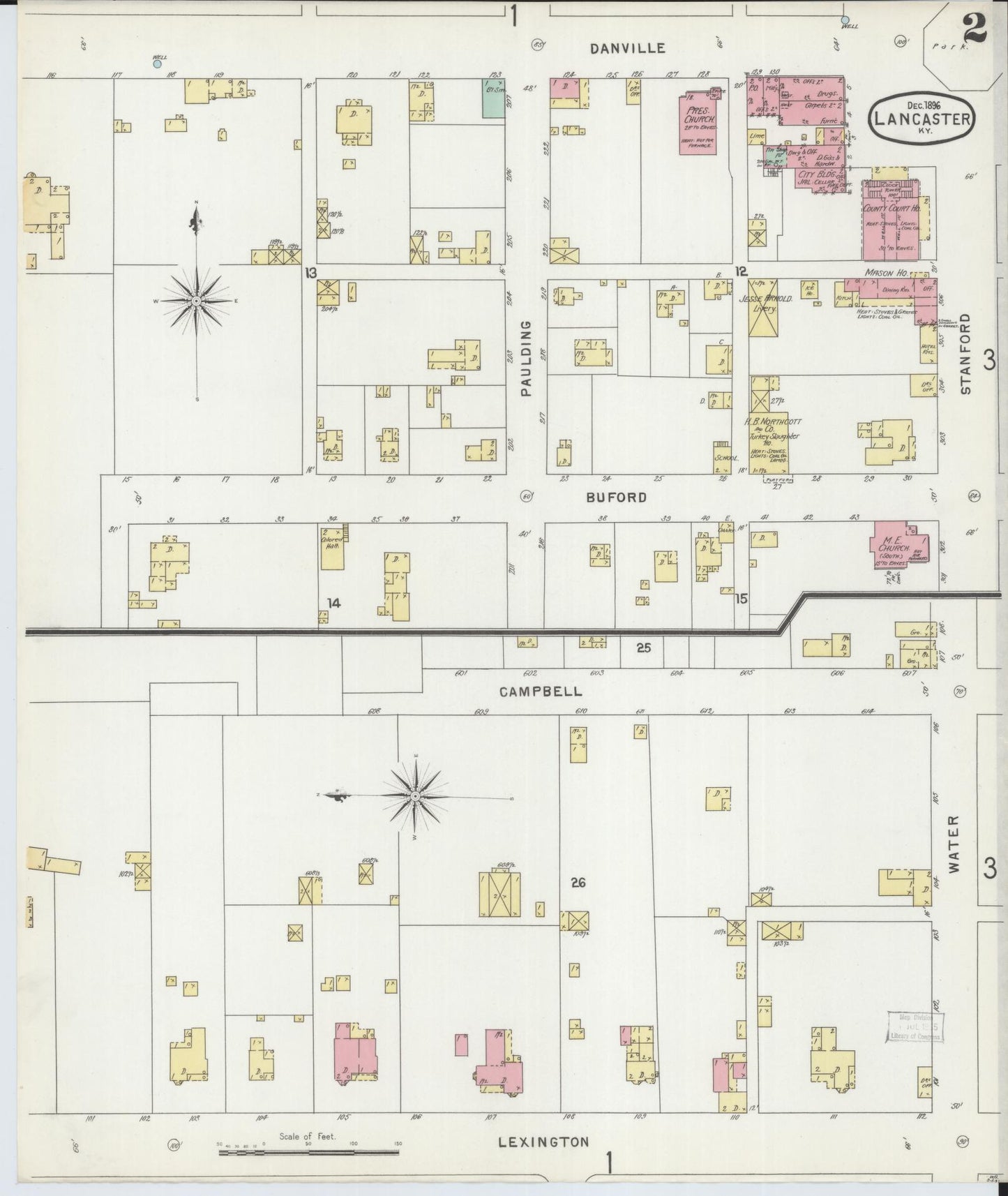 Sanborn Fire Insurance Map from Lancaster, Garrard County, Kentucky (1896), Sheet #0002 - Complete Map Set gallery image, historic Sanborn map, vintage wall art, Kentucky Kentucky