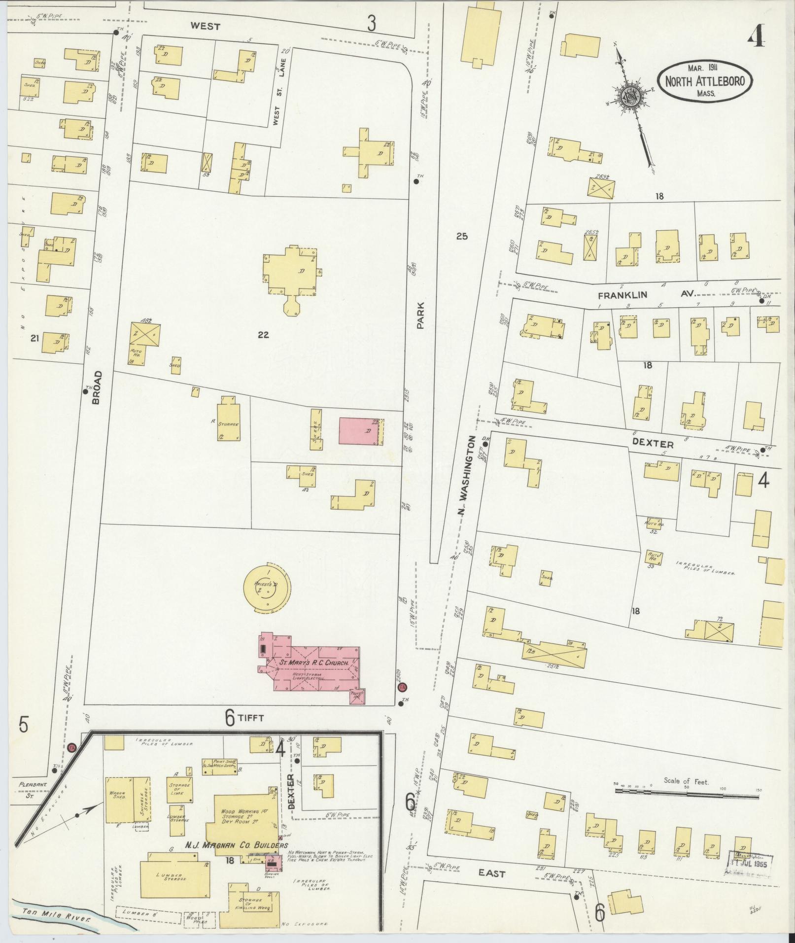 Sanborn Fire Insurance Map from North Attleborough, Bristol County, Massachusetts (1911), Sheet #0004 - Complete Map Set gallery image, historic Sanborn map, vintage wall art, Massachusetts Massachusetts