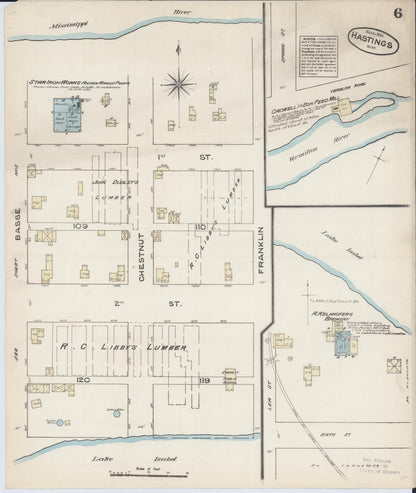 Sanborn Fire Insurance Map from Hastings, Dakota County, Minnesota (1884), Sheet #0006 - Historic Sanborn Fire Insurance Map Print, vintage old map wall art, antique decor, genealogy gift, Minnesota Minnesota map