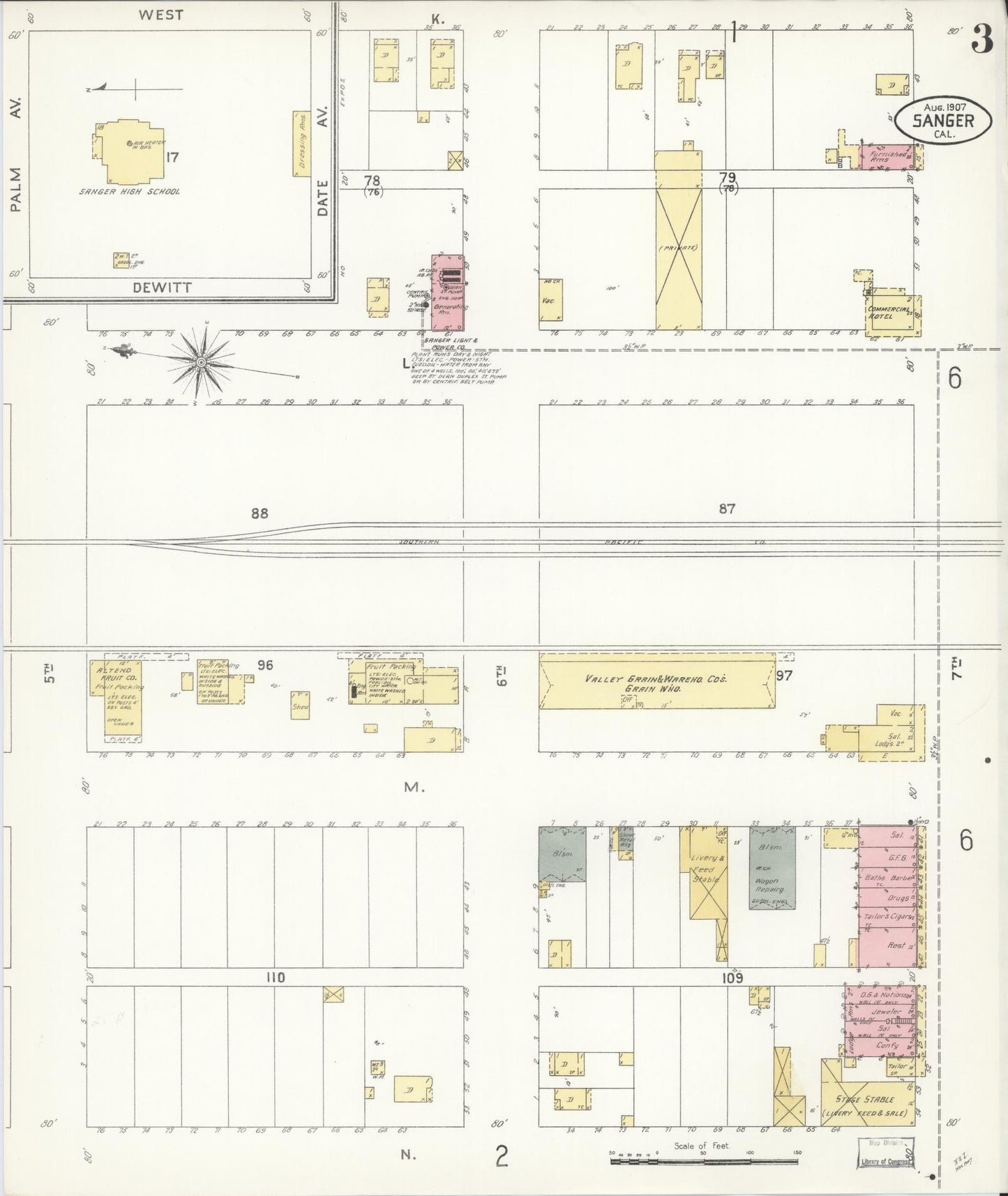 Sanborn Fire Insurance Map from Sanger, Fresno County, California (1907), Sheet #0003 - Complete Map Set gallery image, historic Sanborn map, vintage wall art, California California