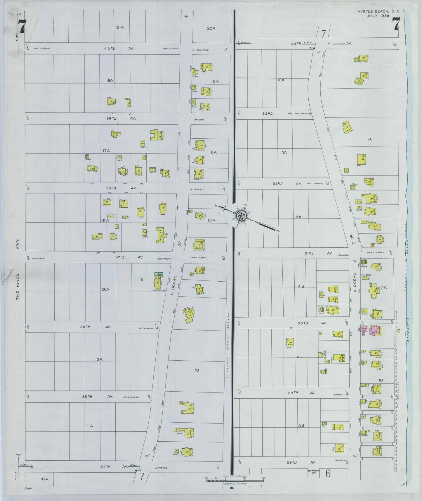 Sanborn Fire Insurance Map from Myrtle Beach, Horry County, South Carolina (1938), Sheet #0007 - Complete Map Set gallery image, historic Sanborn map, vintage wall art, South Carolina South Carolina