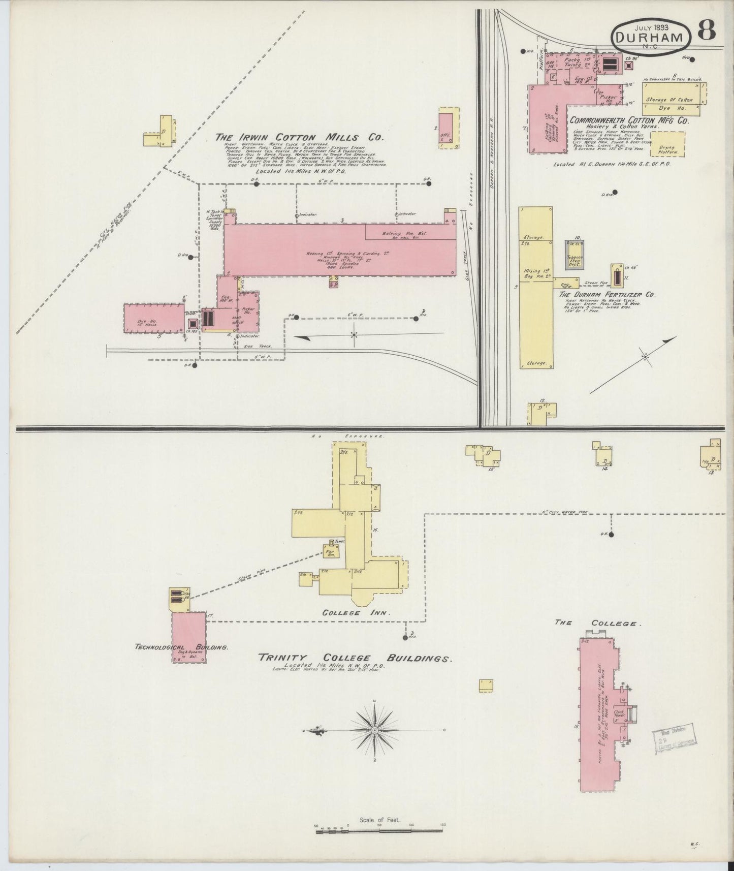 Sanborn Fire Insurance Map from Durham, Durham County, North Carolina (1893), Sheet #0008 - Historic Sanborn Fire Insurance Map Print, vintage old map wall art, antique decor, genealogy gift, North Carolina North Carolina map