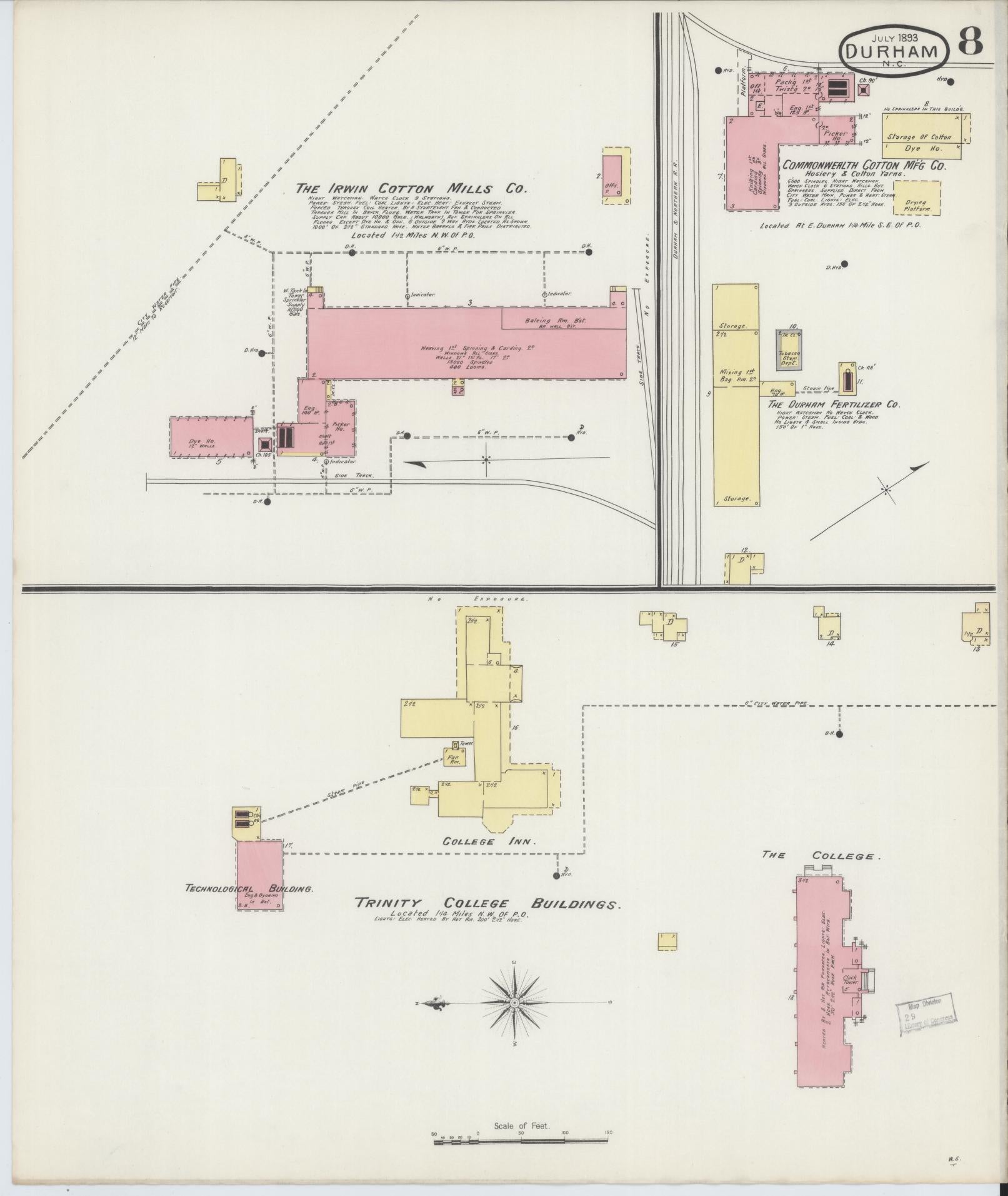 Sanborn Fire Insurance Map from Durham, Durham County, North Carolina (1893), Sheet #0008 - Historic Sanborn Fire Insurance Map Print, vintage old map wall art, antique decor, genealogy gift, North Carolina North Carolina map