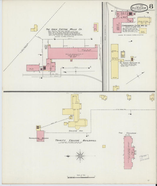 Sanborn Fire Insurance Map from Durham, Durham County, North Carolina (1893), Sheet #0008 - Historic Sanborn Fire Insurance Map Print, vintage old map wall art, antique decor, genealogy gift, North Carolina North Carolina map