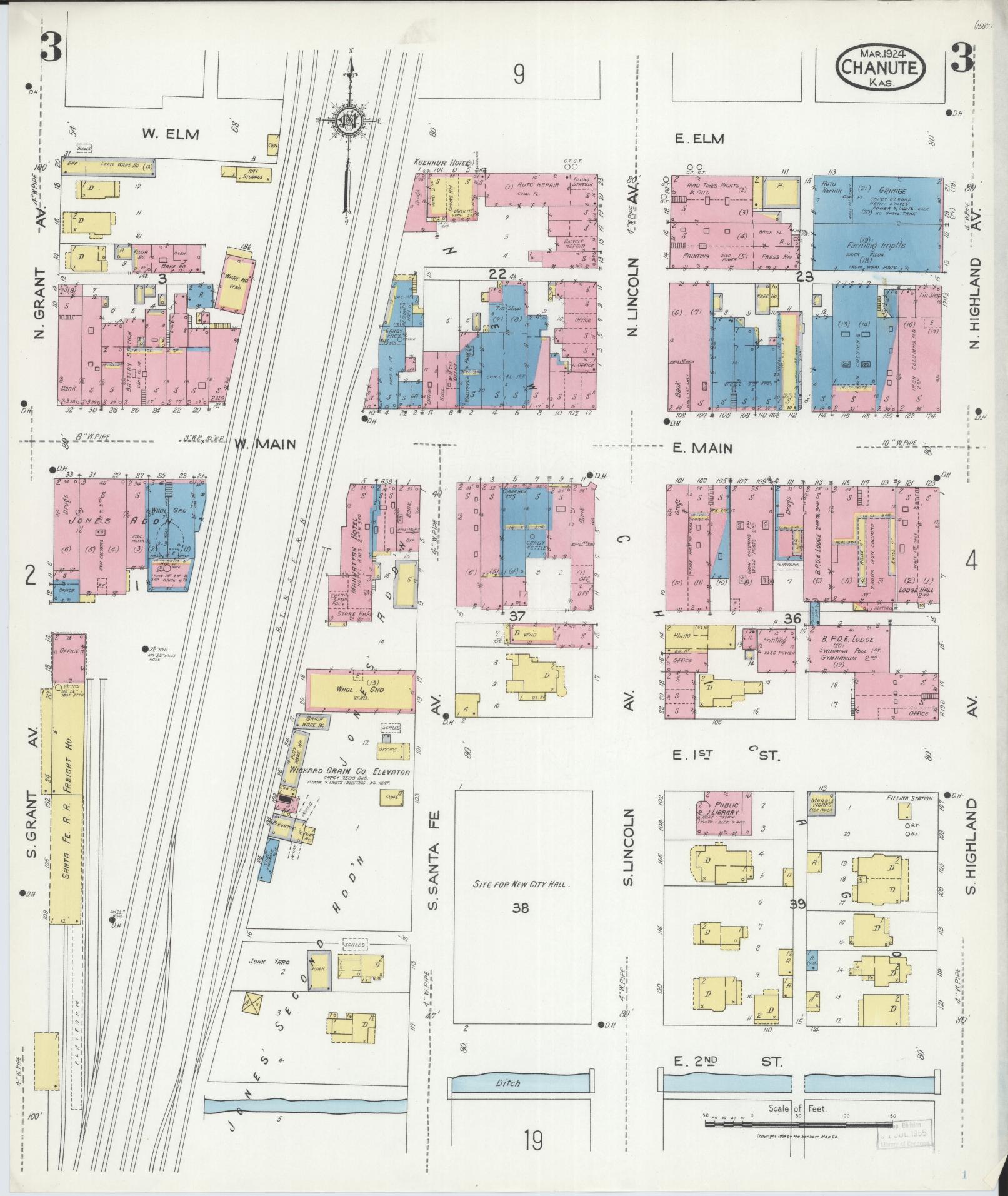 Sanborn Fire Insurance Map from Chanute, Neosho County, Kansas (1924), Sheet #0003 - Historic Sanborn Fire Insurance Map Print, vintage old map wall art, antique decor, genealogy gift, Kansas Kansas map