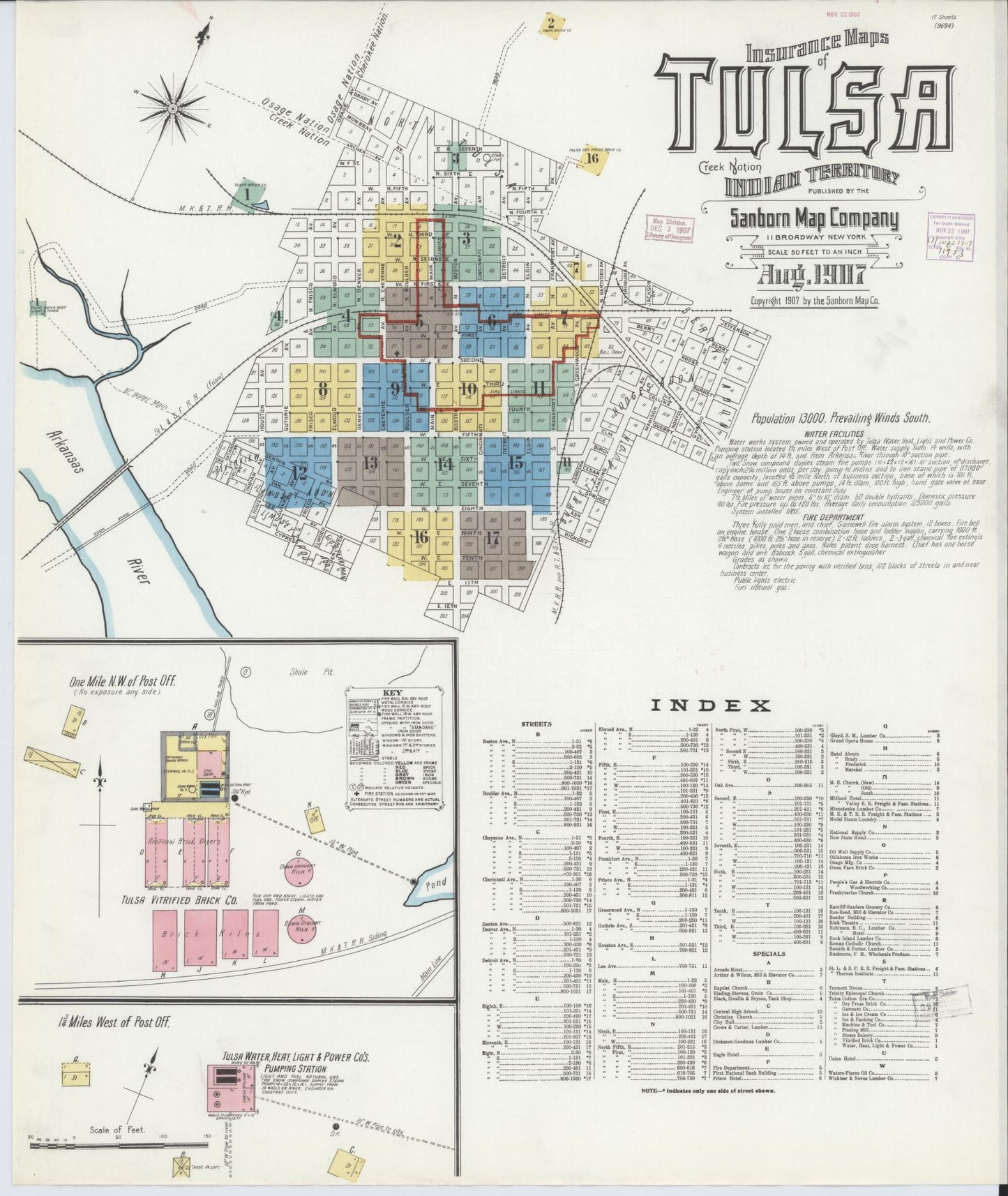 Sanborn Fire Insurance Map from Tulsa, Tulsa County, Oklahoma (1907), Sheet #0001 - Complete Map Set gallery image, historic Sanborn map, vintage wall art, Oklahoma Oklahoma