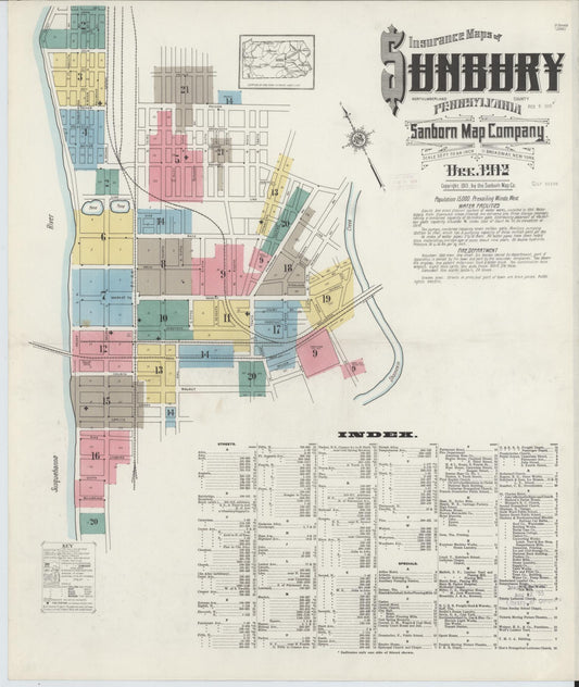 Sanborn Fire Insurance Map from Sunbury, Northumberland County, Pennsylvania (1912), Sheet #0001 - Historic Sanborn Fire Insurance Map Print, vintage old map wall art, antique decor, genealogy gift, Pennsylvania Pennsylvania map